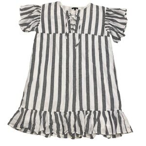 Who What Wear Striped Ruffle Dress size Small Gray White Lace Up